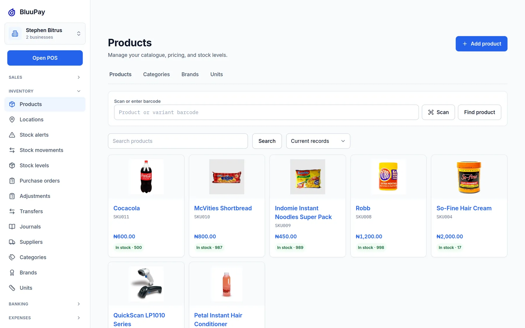 BluuPay product catalogue with photos, prices, and stock counts.