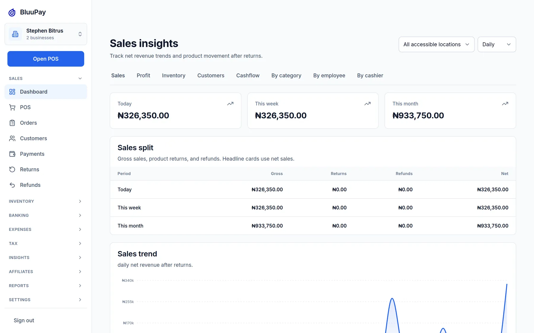 BluuPay sales insights with net sales for today, this week, and this month.